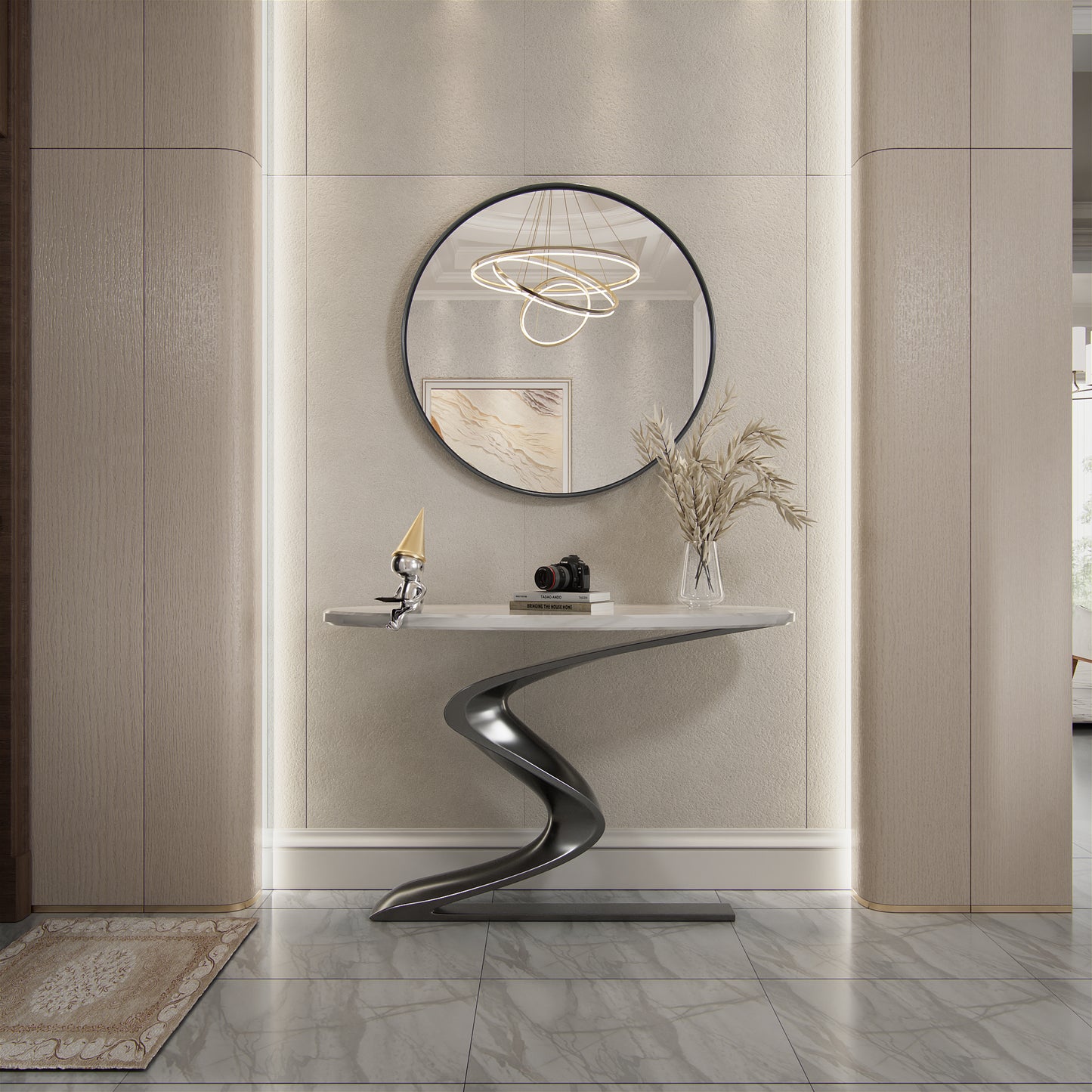 DECOTU Black Iron Frame Round Wall Mirror, Wall-Mounted Setup in Home