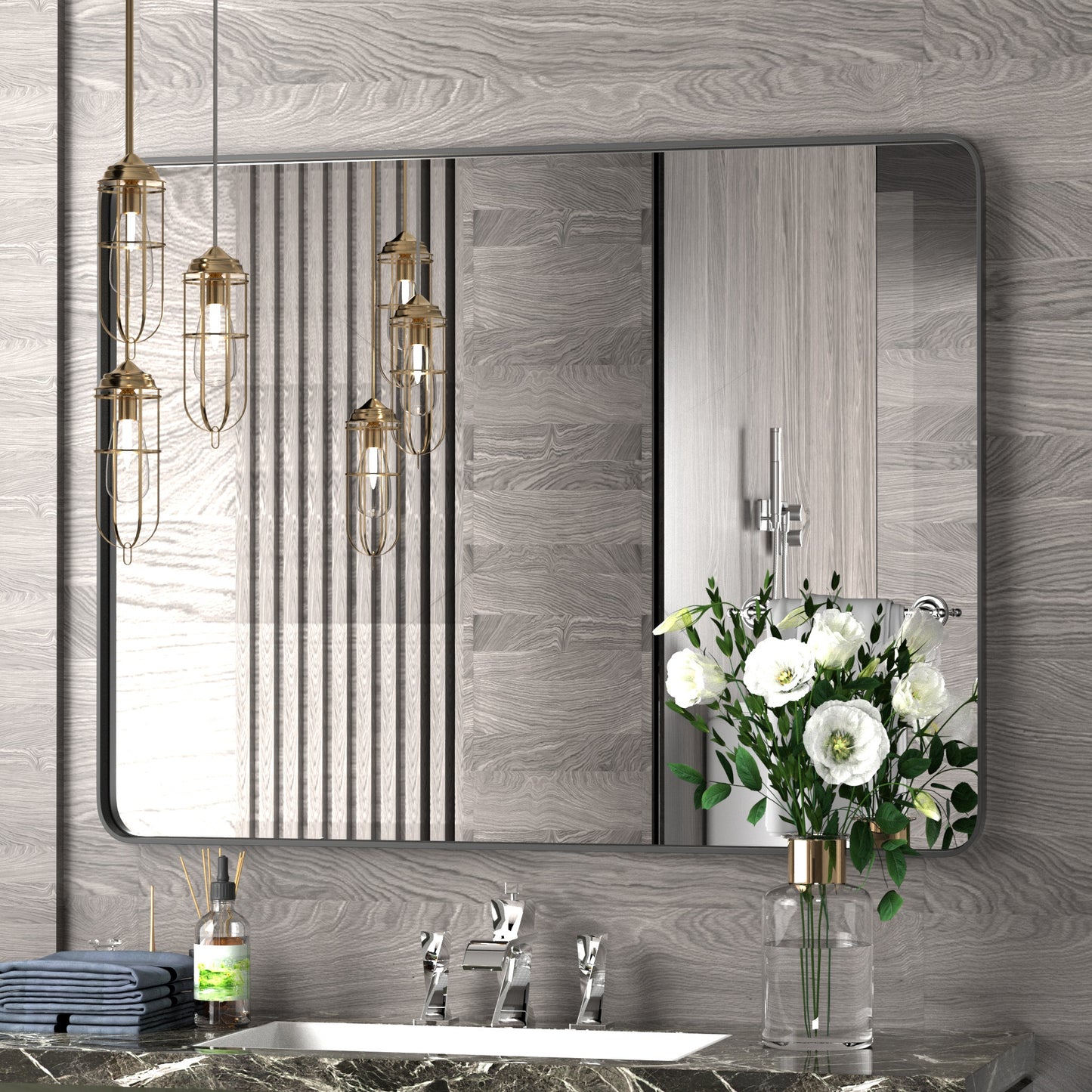 DECOTU Black Iron Rectangular Wall Mirror, Wall-Mounted Setup in Bathroom Space