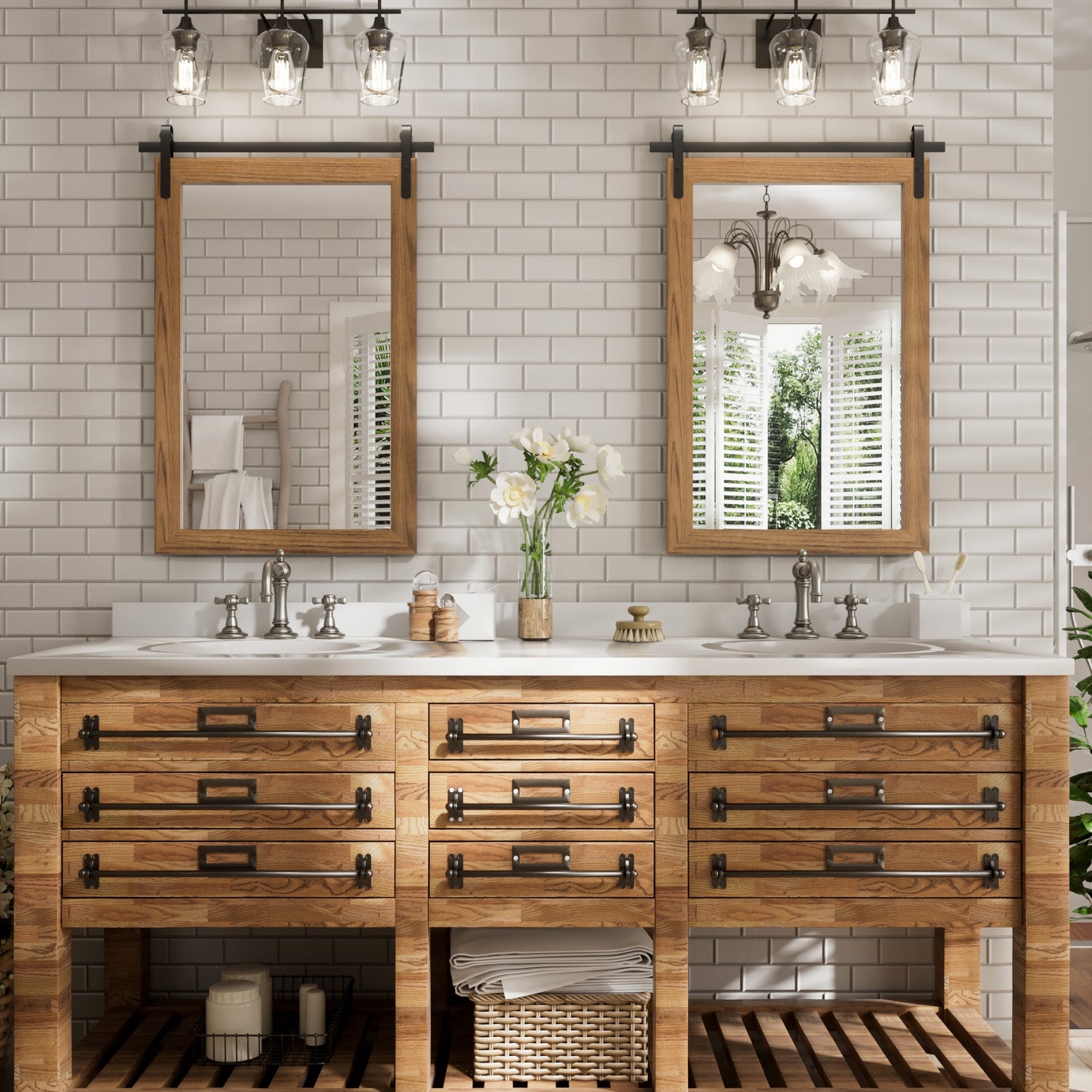 DECOTU Deep Brown Wood Rectangular Wall Mirror, Handmade Rustic Frame with Iron Clip & HD Glass, Wall-Mounted Setup in Bathroom Space