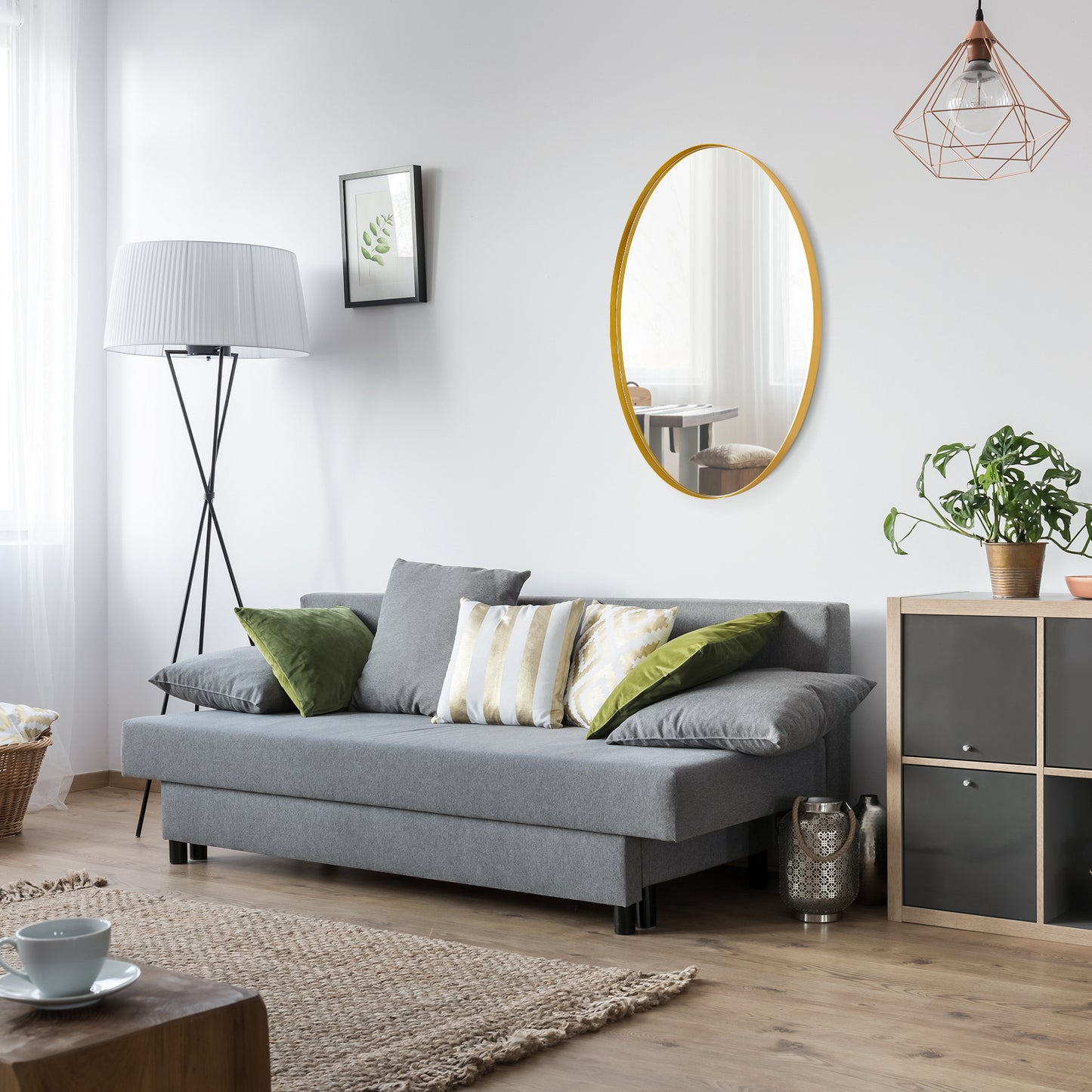 DECOTU Flash Gold Iron Frame Oval Wall Mirror, Wall-Mounted Setup in Living Room Space