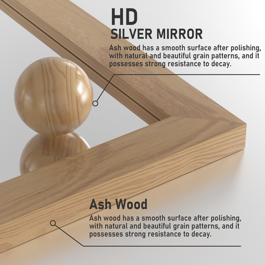 Closeup Detail of DECOTU Light Brown Wood Rectangular Wall Mirror’s wood Frame