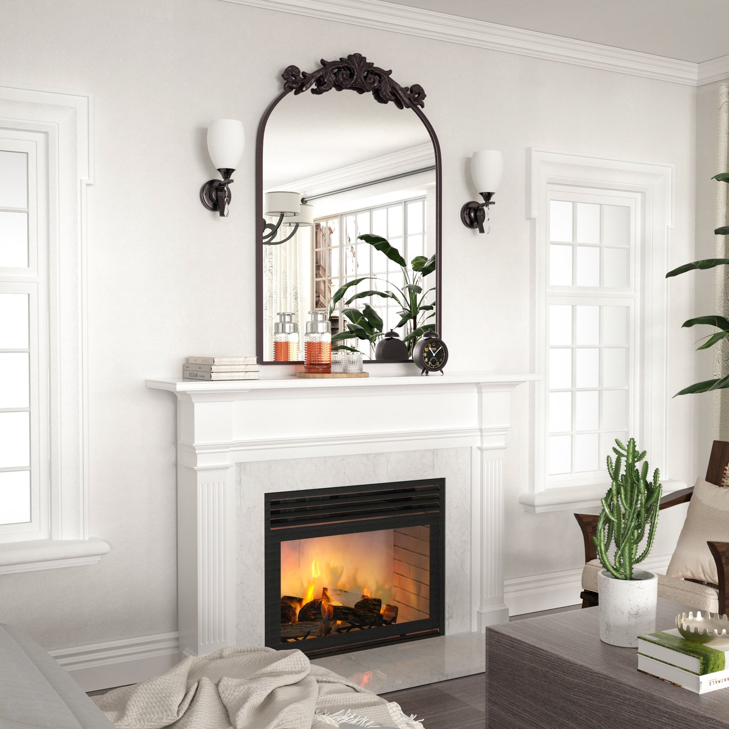 DECOTU Vintage Arched Brown Antique Wall Mirror, Setup in Living Room Space