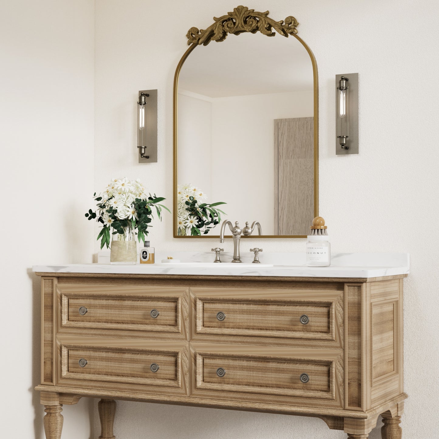 DECOTU Vintage Arched Gold Antique Wall Mirror, Setup in Bathroom Space