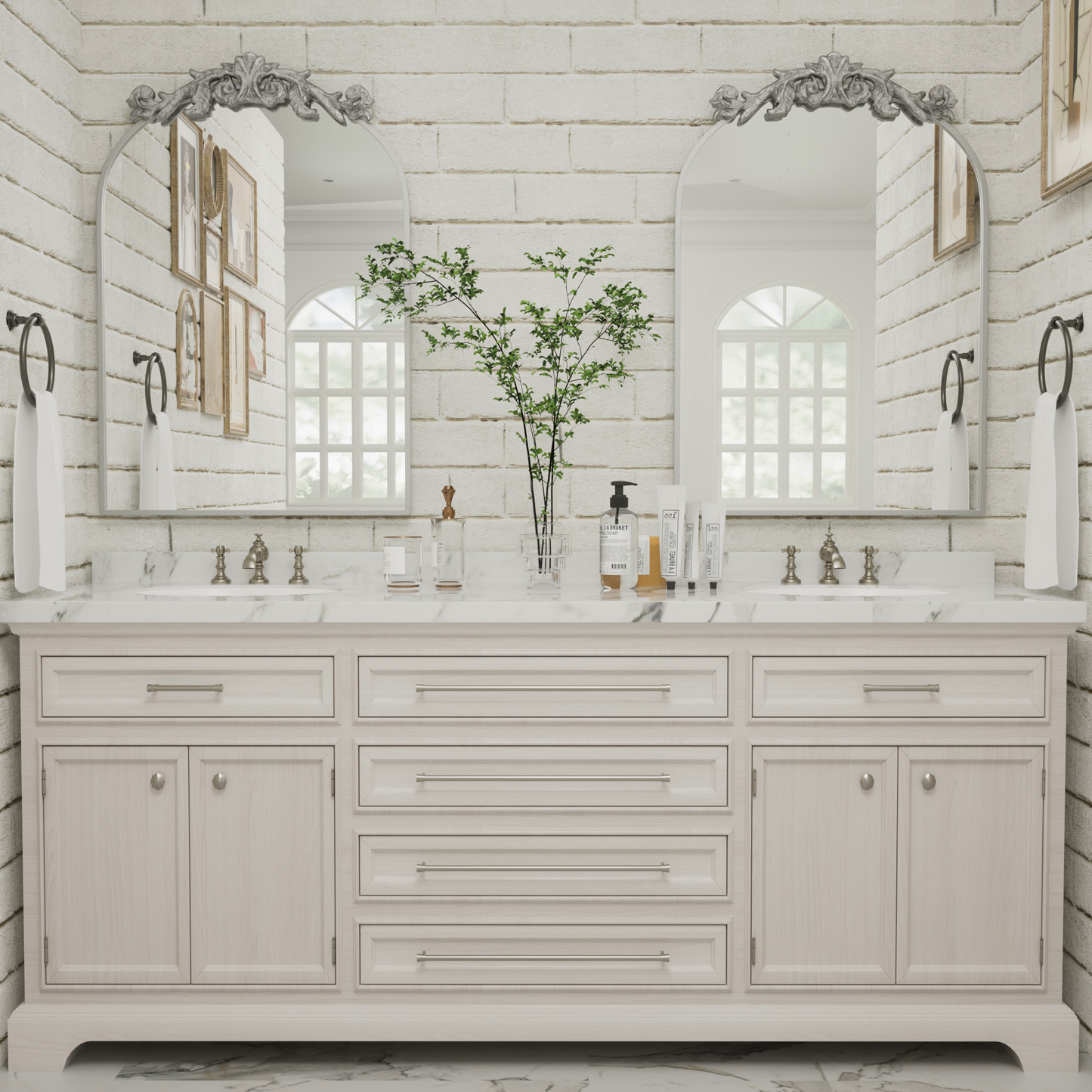 DECOTU Vintage Arched Silver Antique Wall Mirror, Setup in Bathroom Space