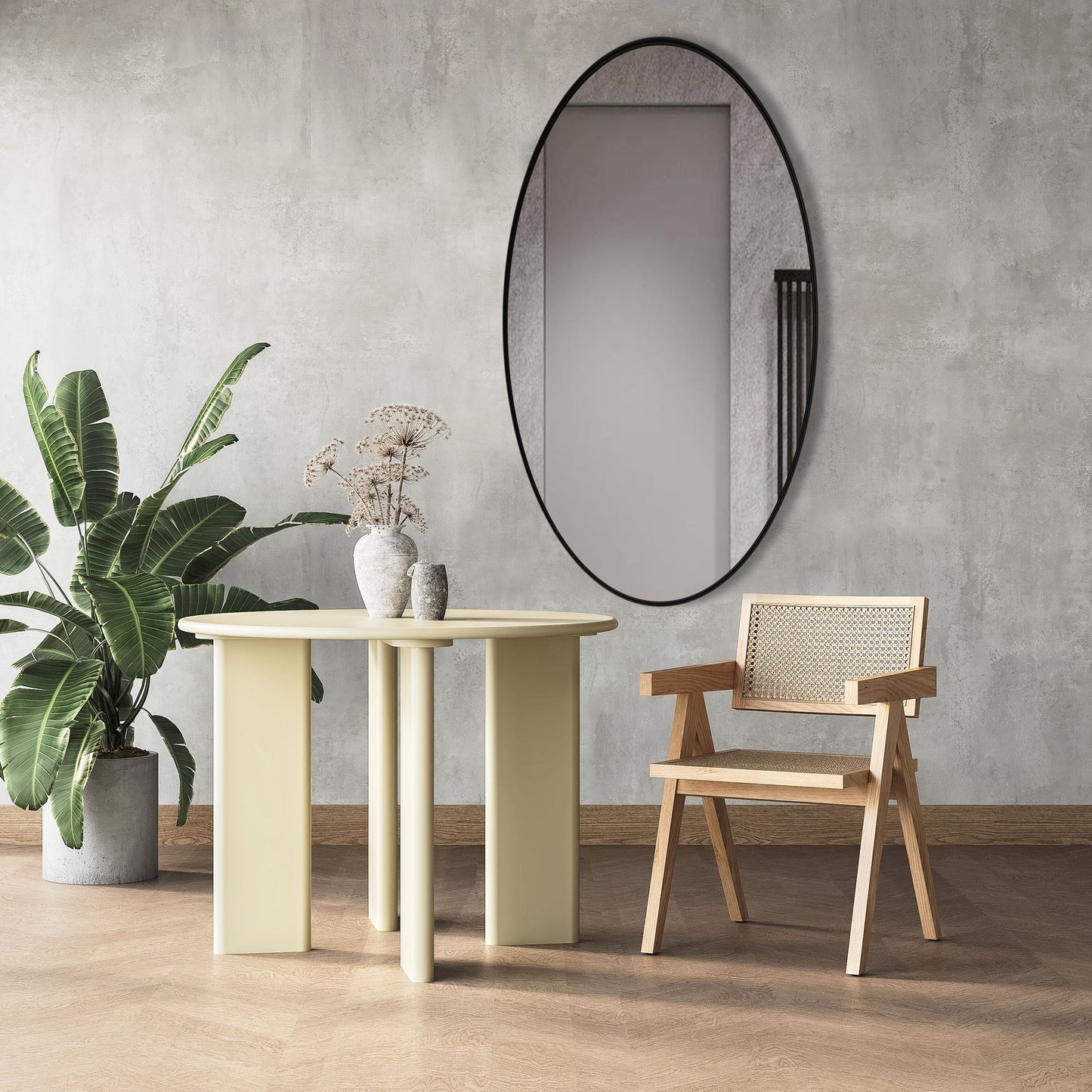 DECTOU Black Iron Frame Oval Wall Mirror, Wall-Mounted Setup in Living Room Space