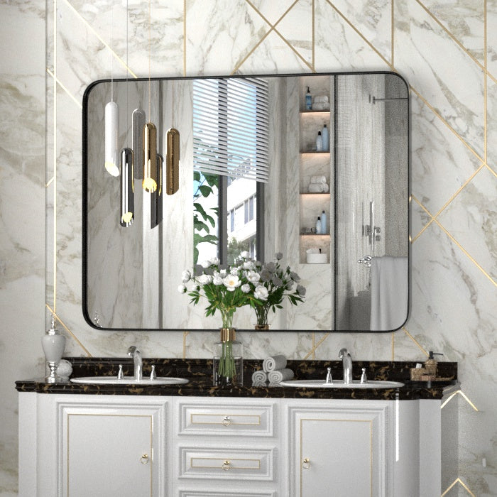 DECTOU Black Rectangular Wall Mirror, Wall Mounted Setup in Bathroom Space