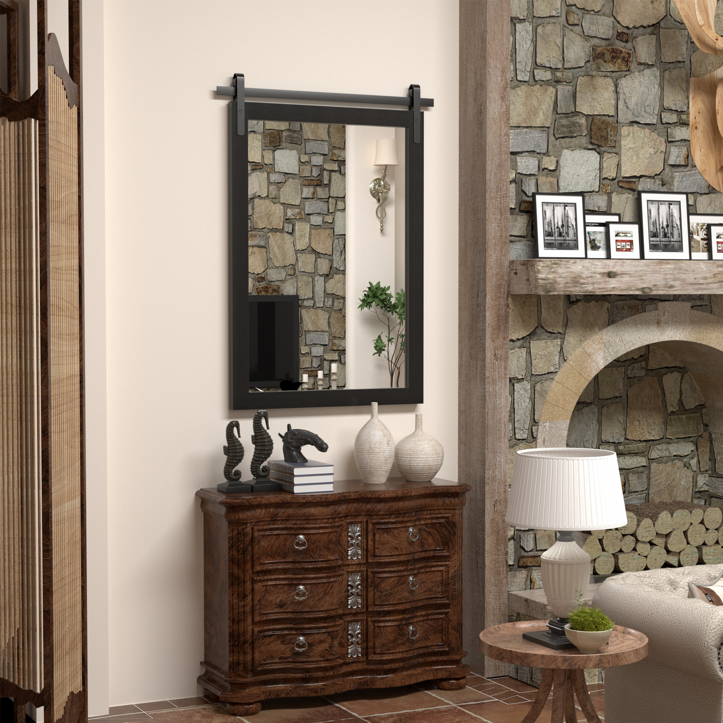 DECTOU Black Wood Rectangular Wall Mirror, Handmade Rustic Frame with Iron Clip & HD Glass, Wall-Mounted Setup in Home