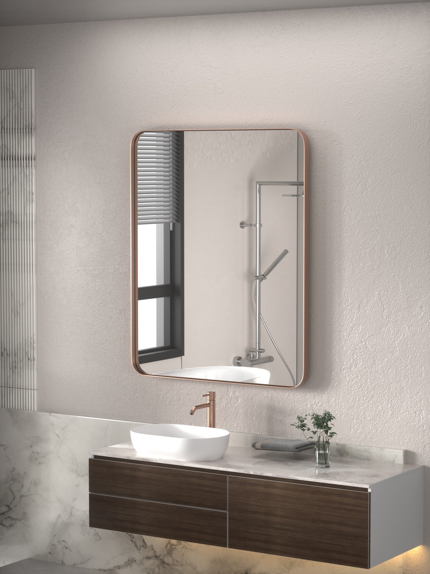 DECTOU Brown Rectangular Wall Mirror, Wall-Mounted Setup in Bathroom Space