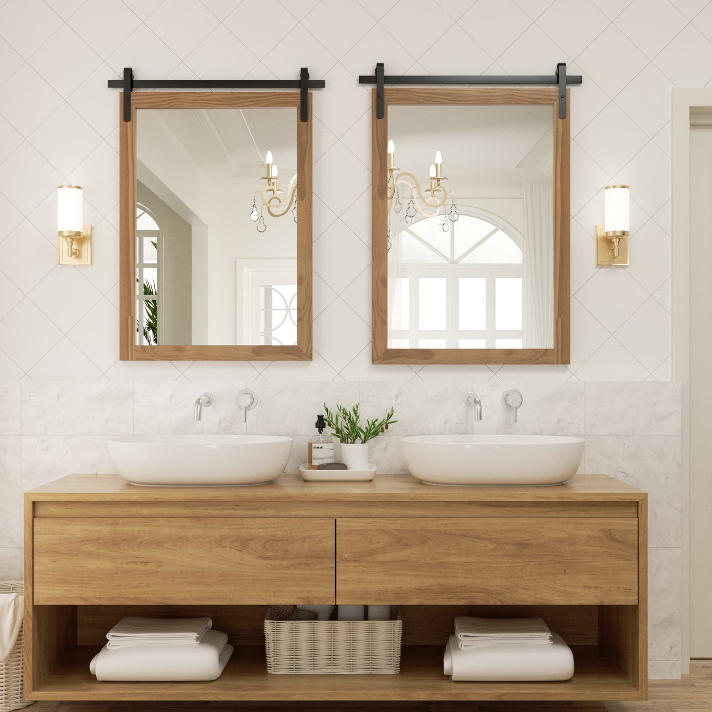 DECTOU Brown Wood Rectangular Wall Mirror, Handmade Rustic Frame with Iron Clip & HD Glass, Wall-Mounted Setup in Bathroom Space