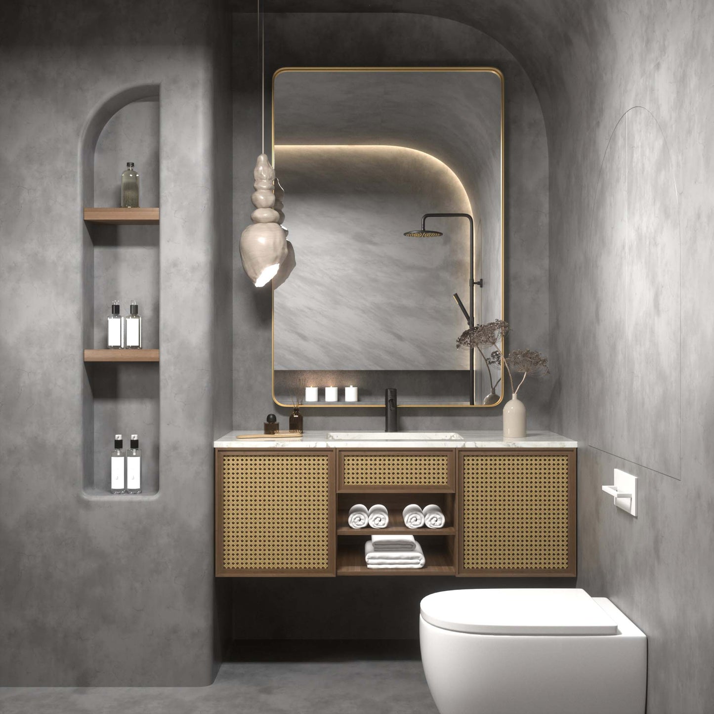DECTOU Gold Iron Rectangular Wall Mirror, Wall-Mounted Setup in Bathroom Space