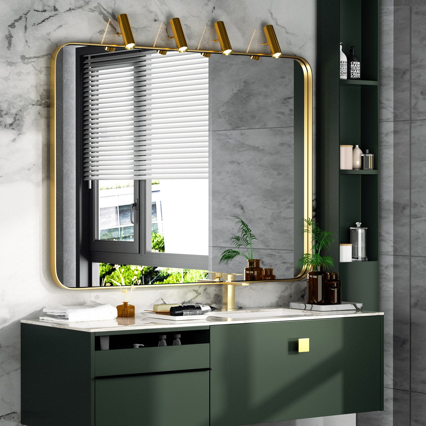 DECTOU Gold Rectangular Wall Mirror, Wall-Mounted Setup in Bathroom Space