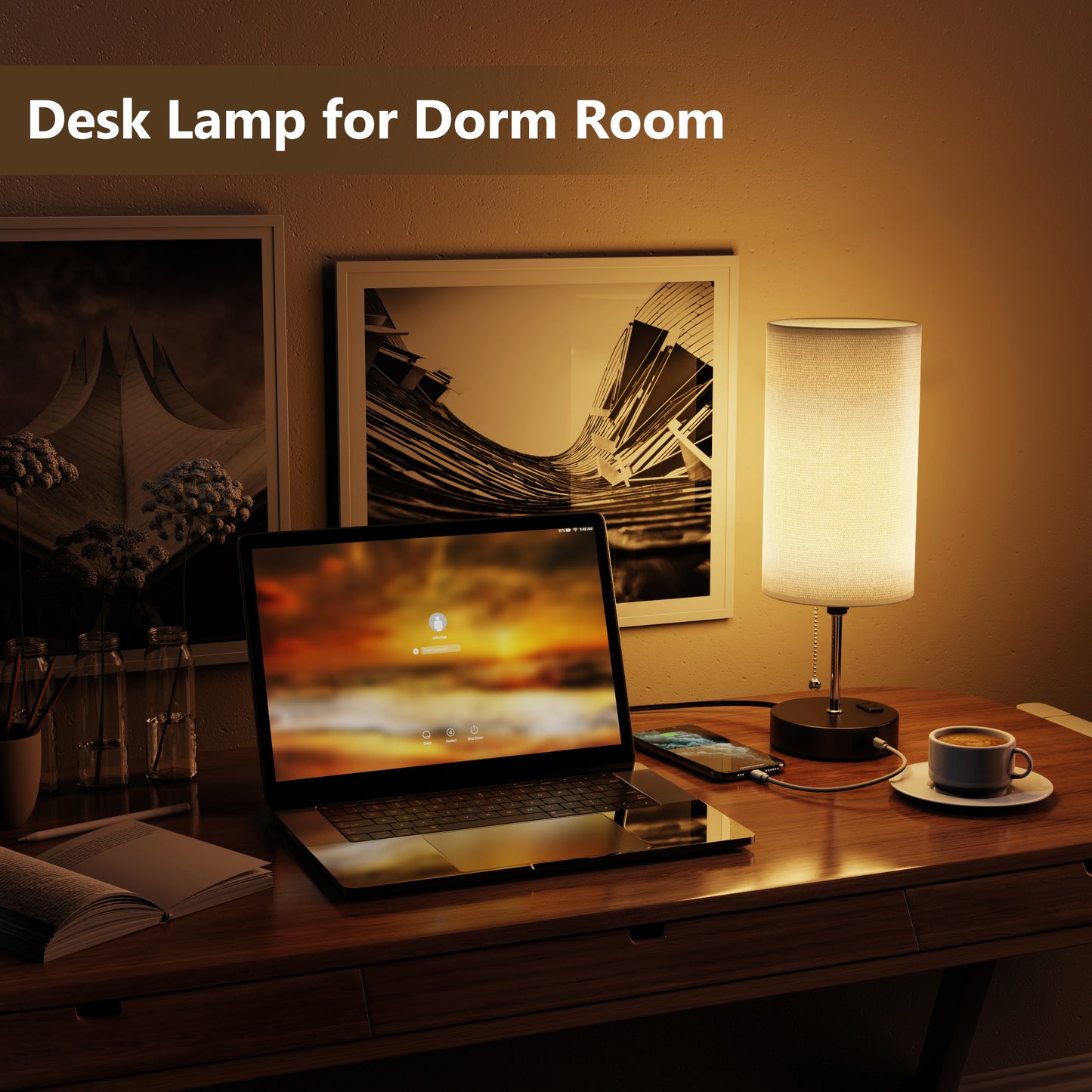 DECTOU Gray Modern Zipper Linen Cylinder Table Lamp, Setup as Desk Lamp for Dorm Room