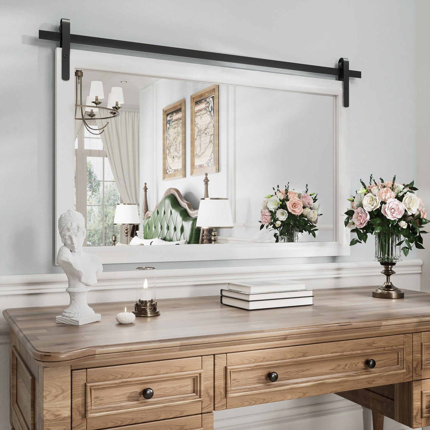 DECTOU White Wood Rectangular Wall Mirror, Handmade Rustic Frame with Iron Clip & HD Glass, Wall-Mounted Setup in Living Room Space