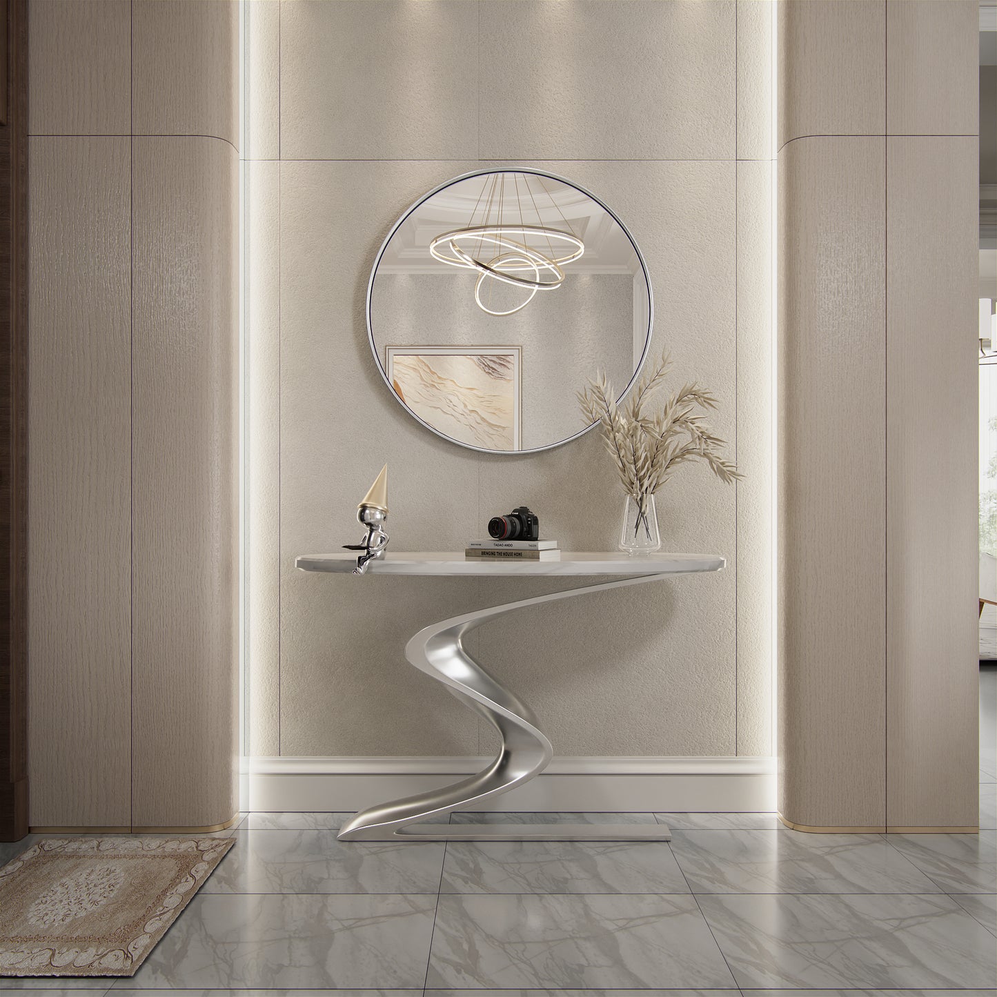 DECTOU Silver Iron Frame Round Wall Mirror, Wall-Mounted Setup in Home