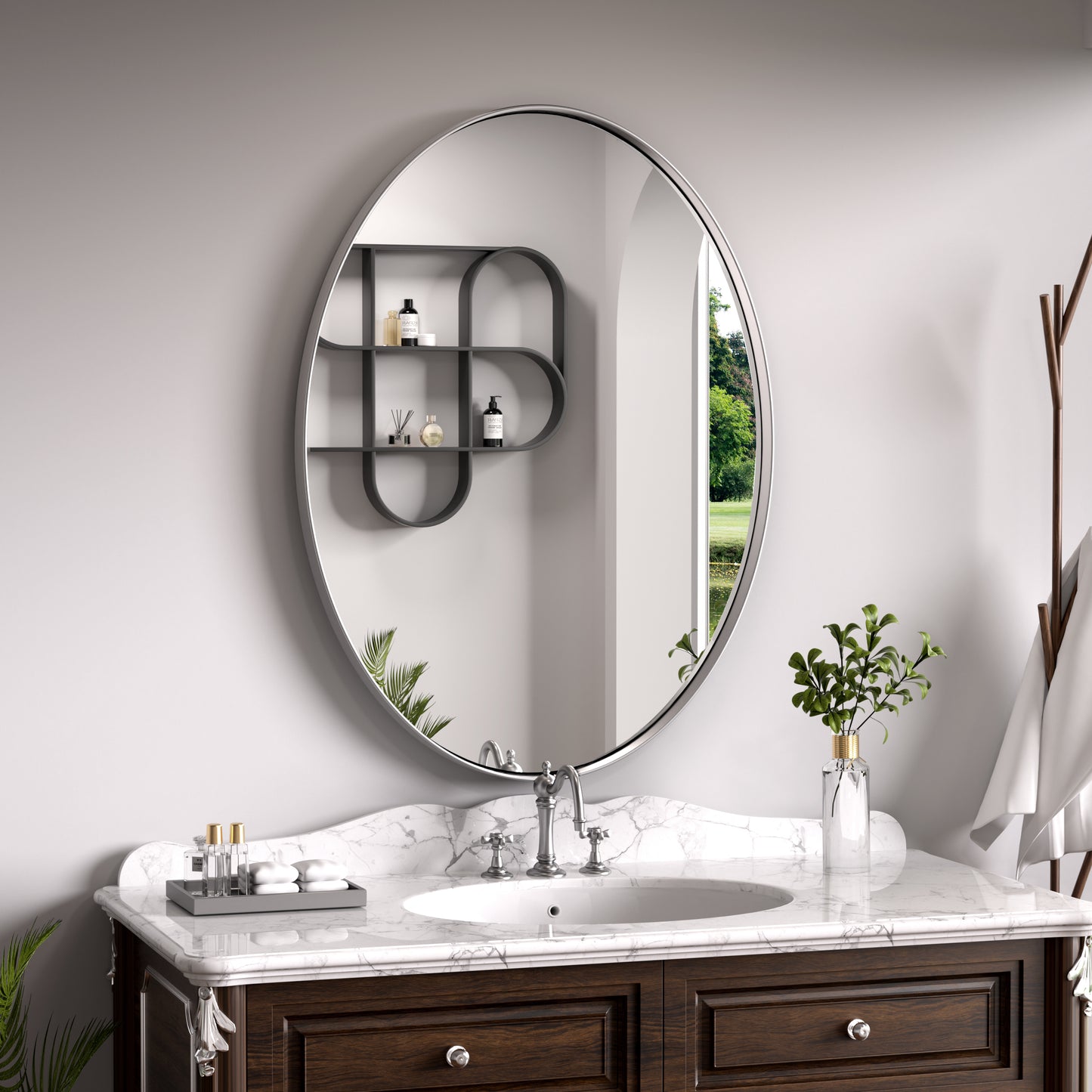 DECTOU Silver Stainless Steel Frame Oval Wall Mirror, Wall-Mounted Setup in Bathroom Space
