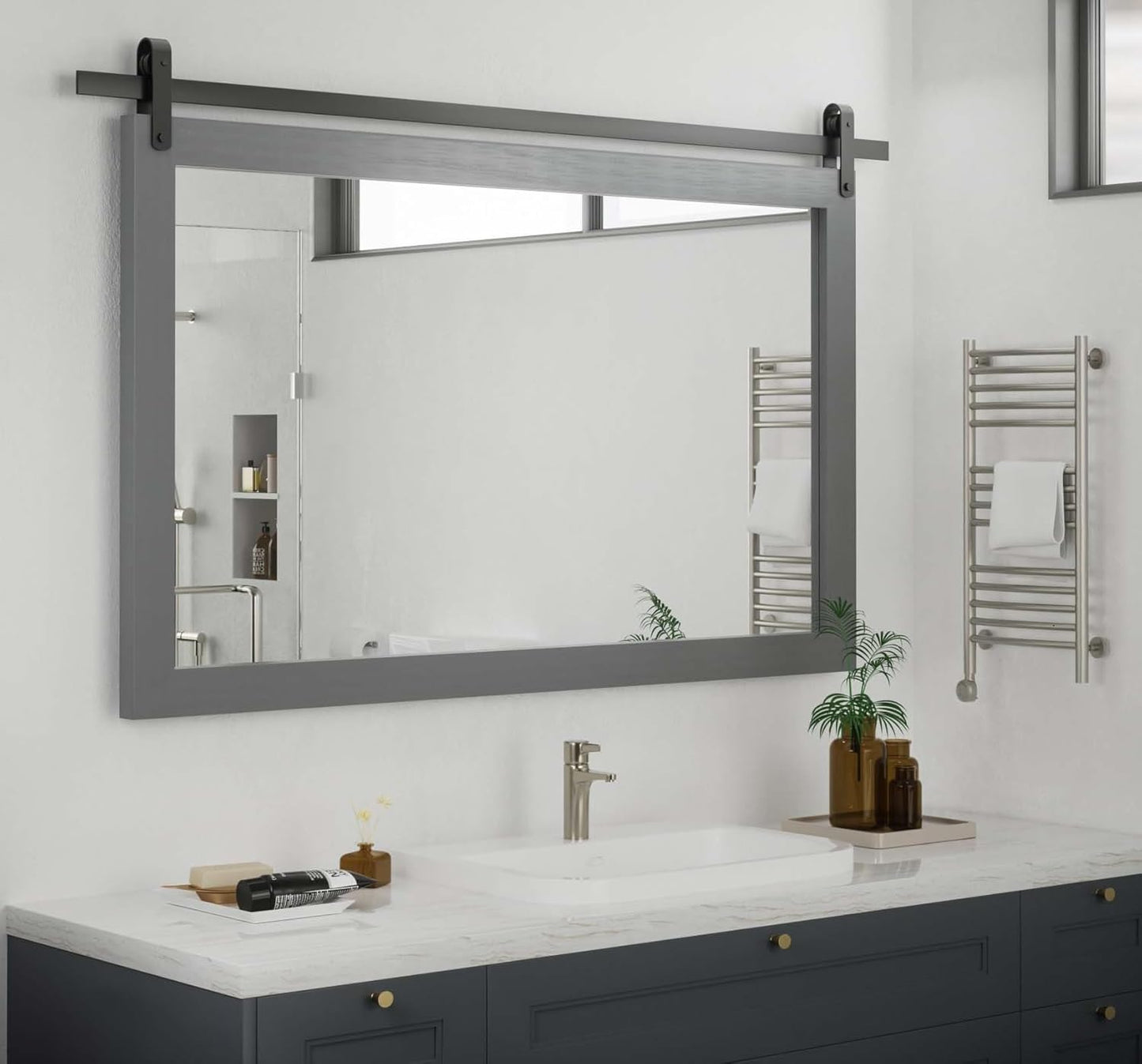 PAIHOME Gray Wall Mirror, Farmhouse Rustic Square Bathroom Mirror