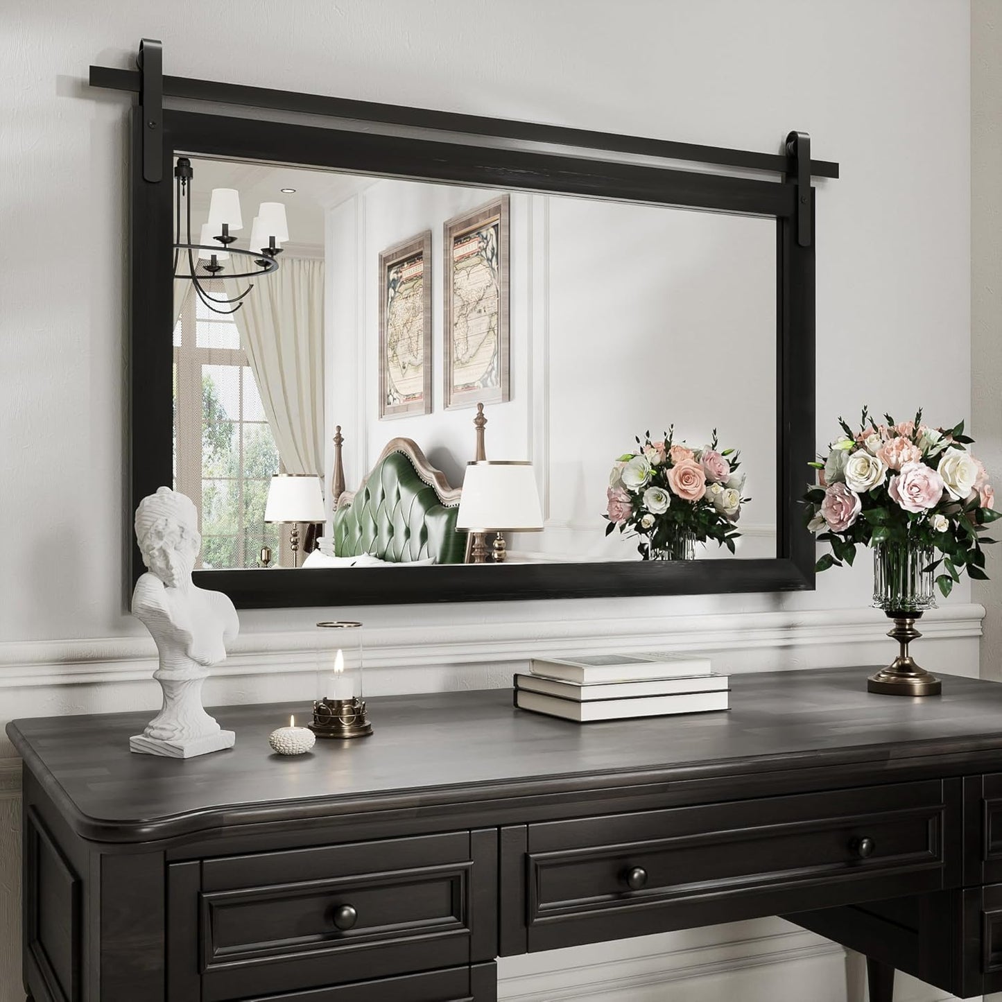 PAIHOME Black Farmhouse Wood Framed Rectangle Bathroom Mirrors