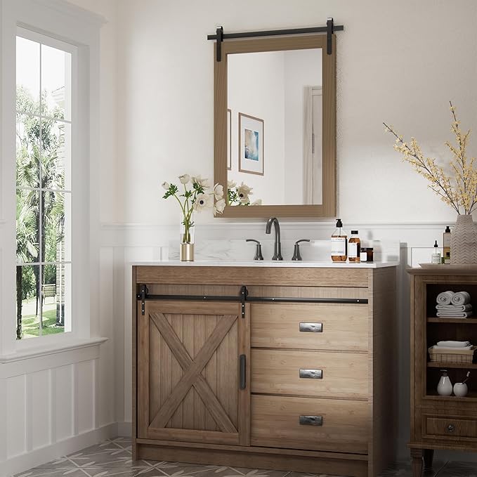 PAIHOME Brown Farmhouse Barn Door Style Wall Mirror