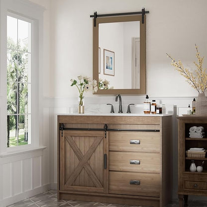 PAIHOME Brown Farmhouse Barn Door Style Wall Mirror