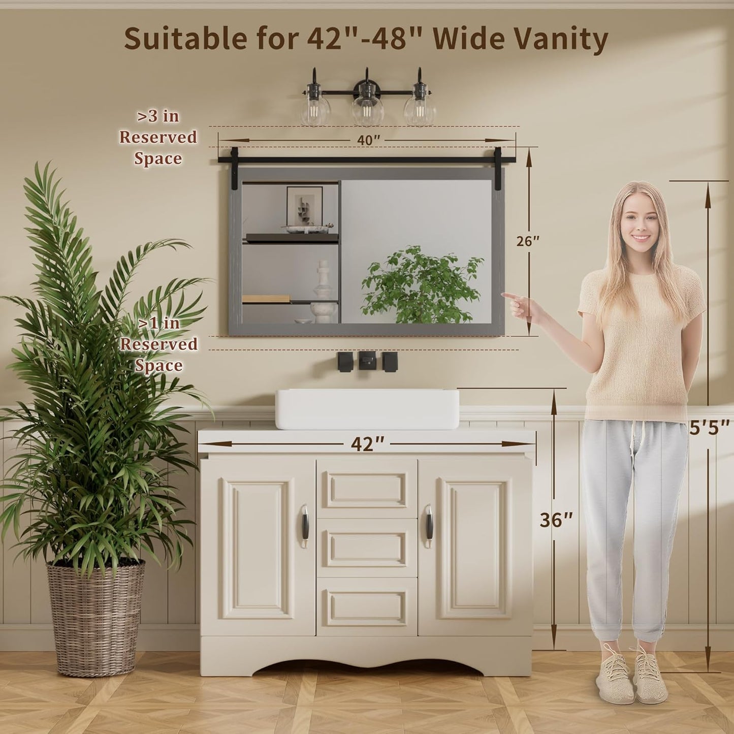 PAIHOME Gray Wall Mirror, Farmhouse Rustic Square Bathroom Mirror