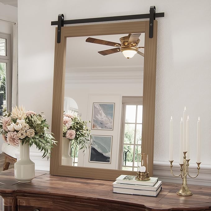 PAIHOME Brown Farmhouse Barn Door Style Wall Mirror