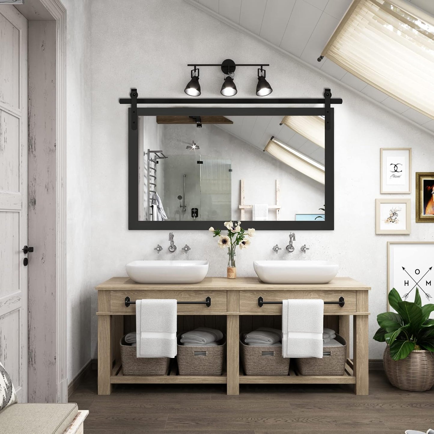 PAIHOME Black Farmhouse Wood Framed Rectangle Bathroom Mirrors