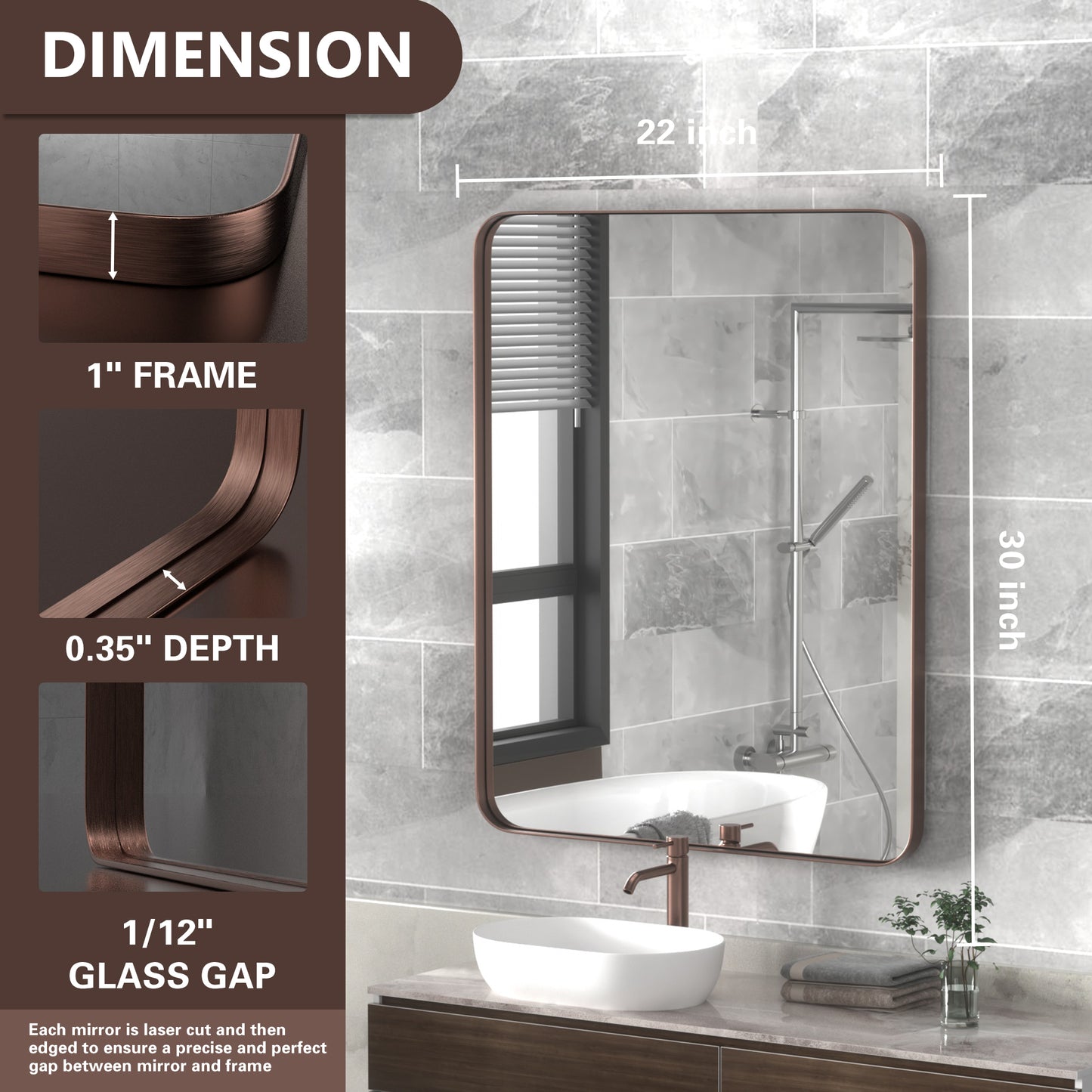 22×30  Inch Dimension Chart for DECOTU Red Bronze Rectangular Wall Mirror, Stainless Steel Frame with Anti-Corrosion & Moisture