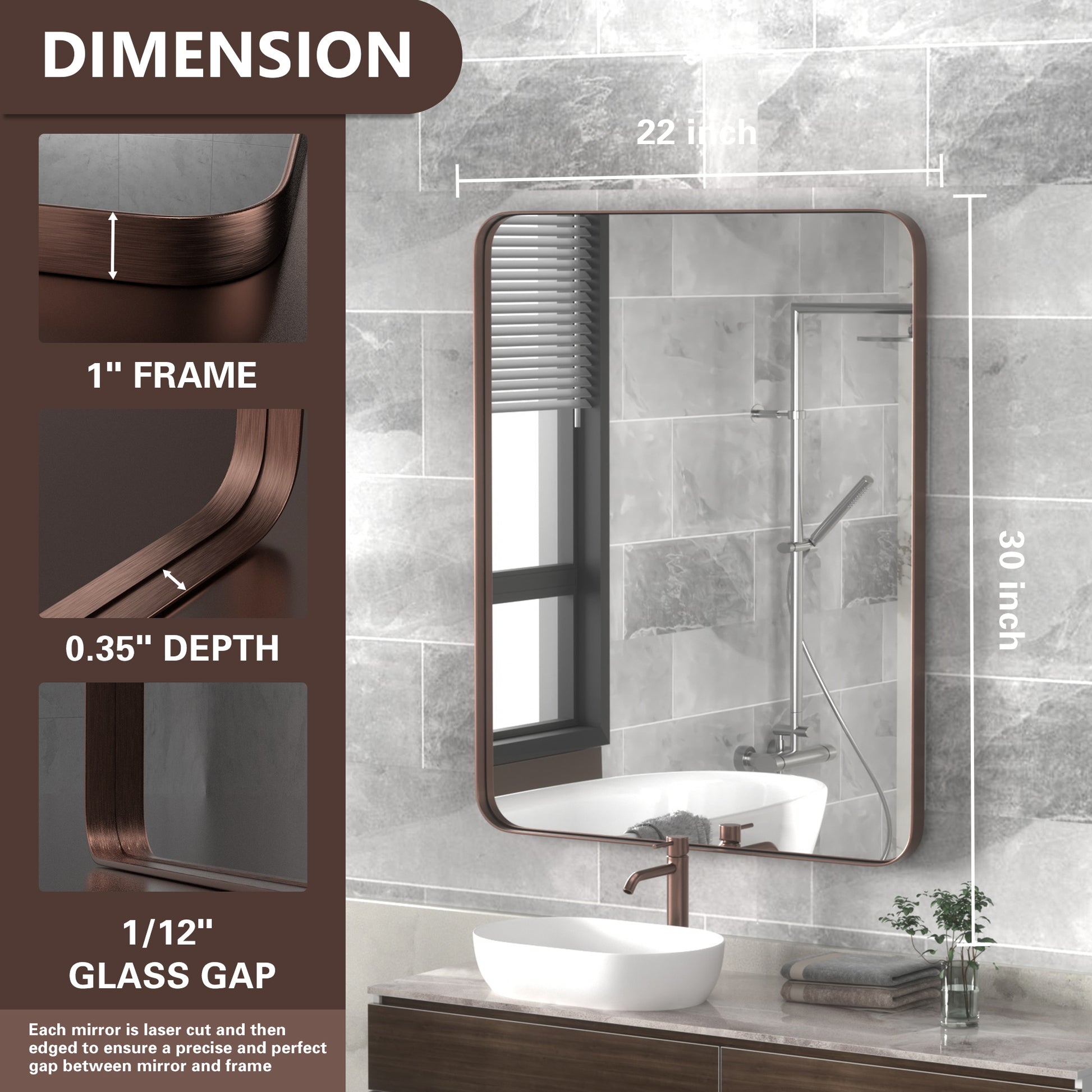 22×30  Inch Dimension Chart for DECOTU Red Bronze Rectangular Wall Mirror, Stainless Steel Frame with Anti-Corrosion & Moisture