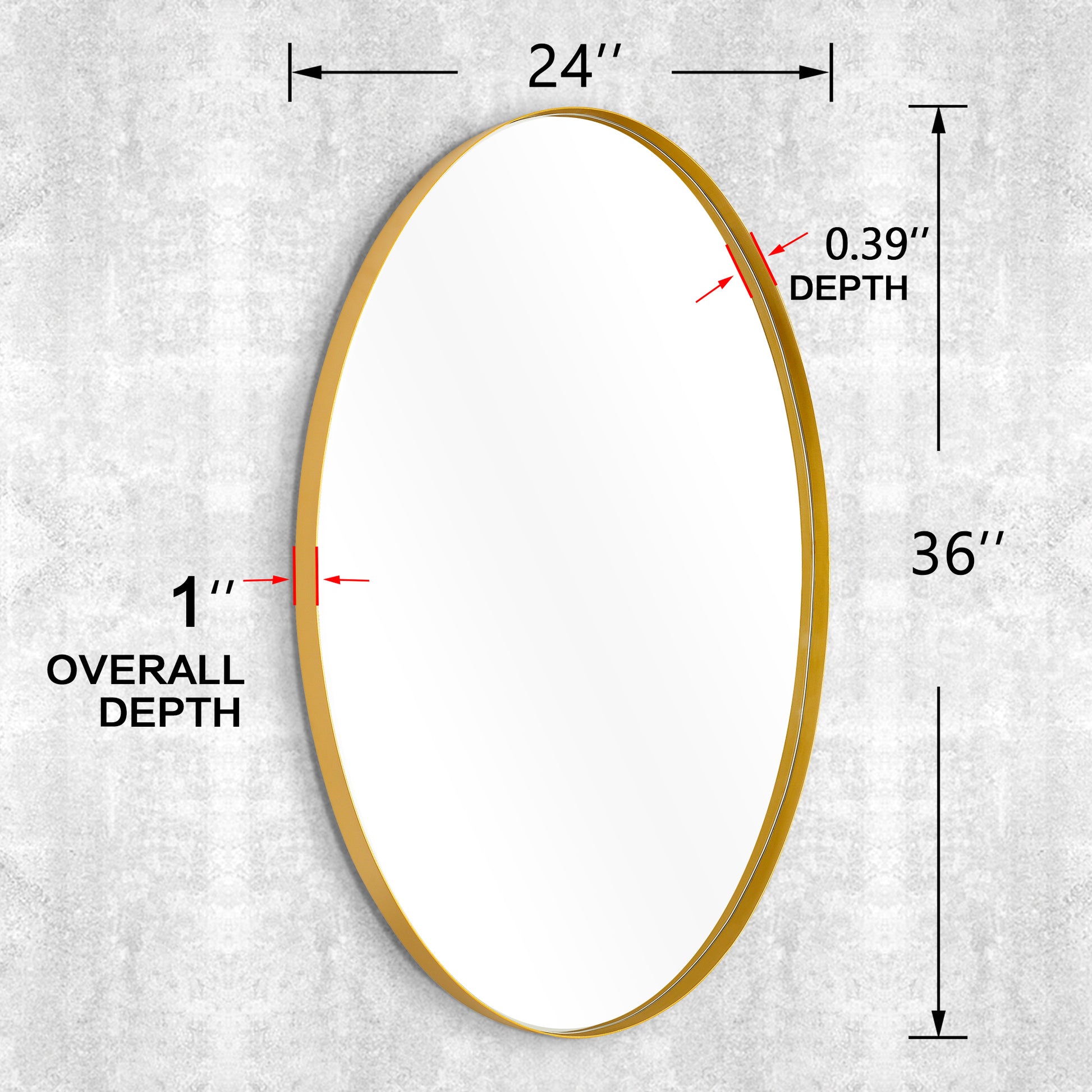 24×36 Inch Dimension Chart for DECOTU Flash Gold Iron Frame Oval Wall Mirror, Wall-Mounted for Bathroom Vanity