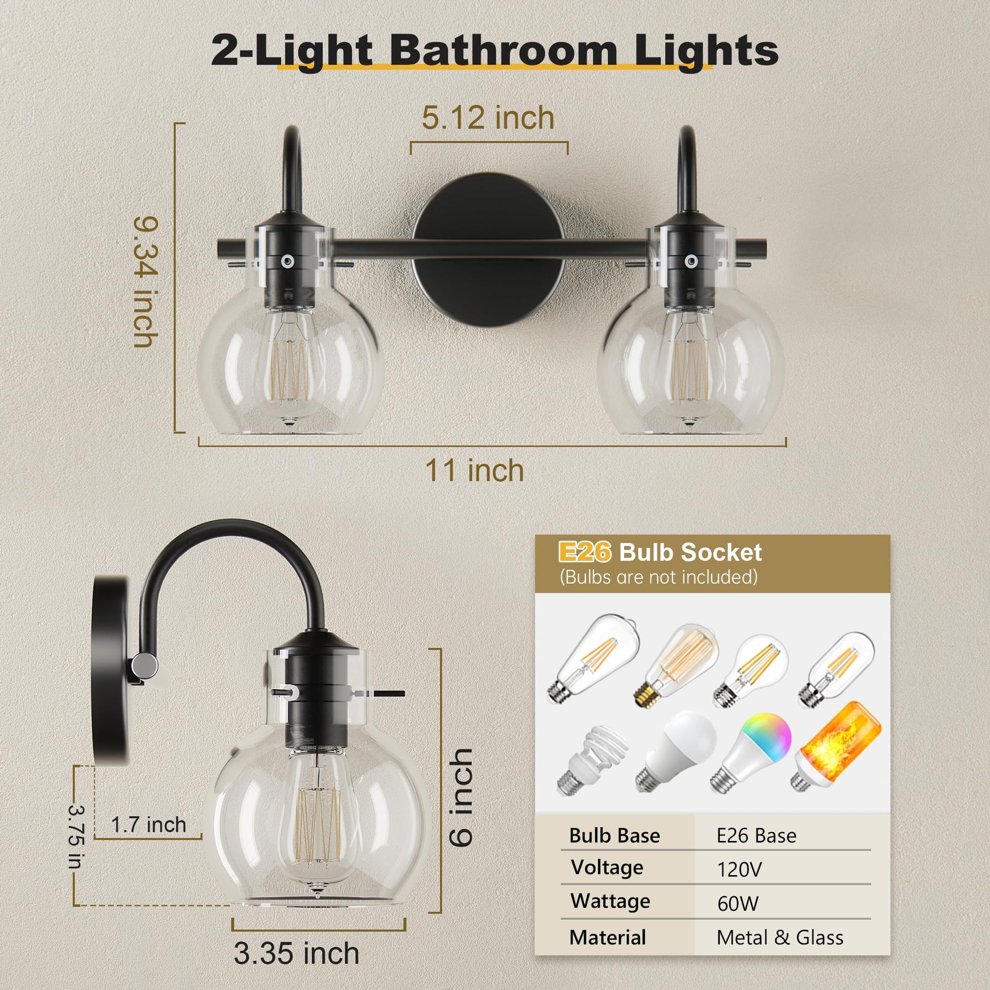 Two Lights Dimension Chart for DECOTU Black Gourd Glass Shade Vanity Light