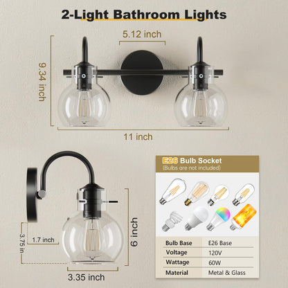 Two Lights Dimension Chart for DECOTU Black Gourd Glass Shade Vanity Light