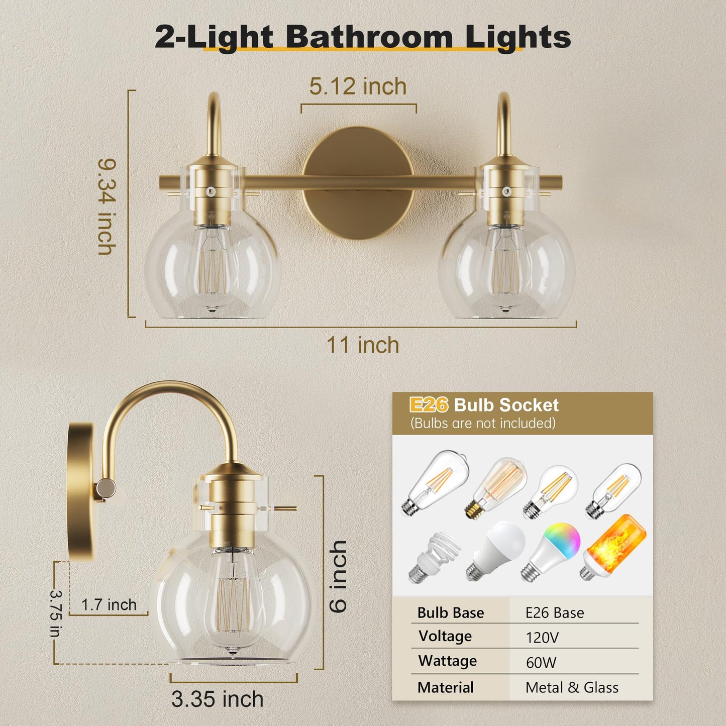 Two Lights Dimension Chart for DECOTU Gold Gourd Glass Shade Vanity Light