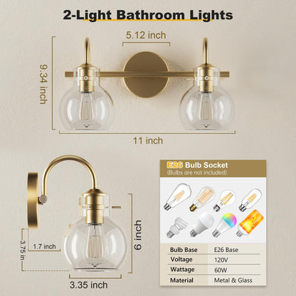 Two Lights Dimension Chart for DECOTU Gold Gourd Glass Shade Vanity Light