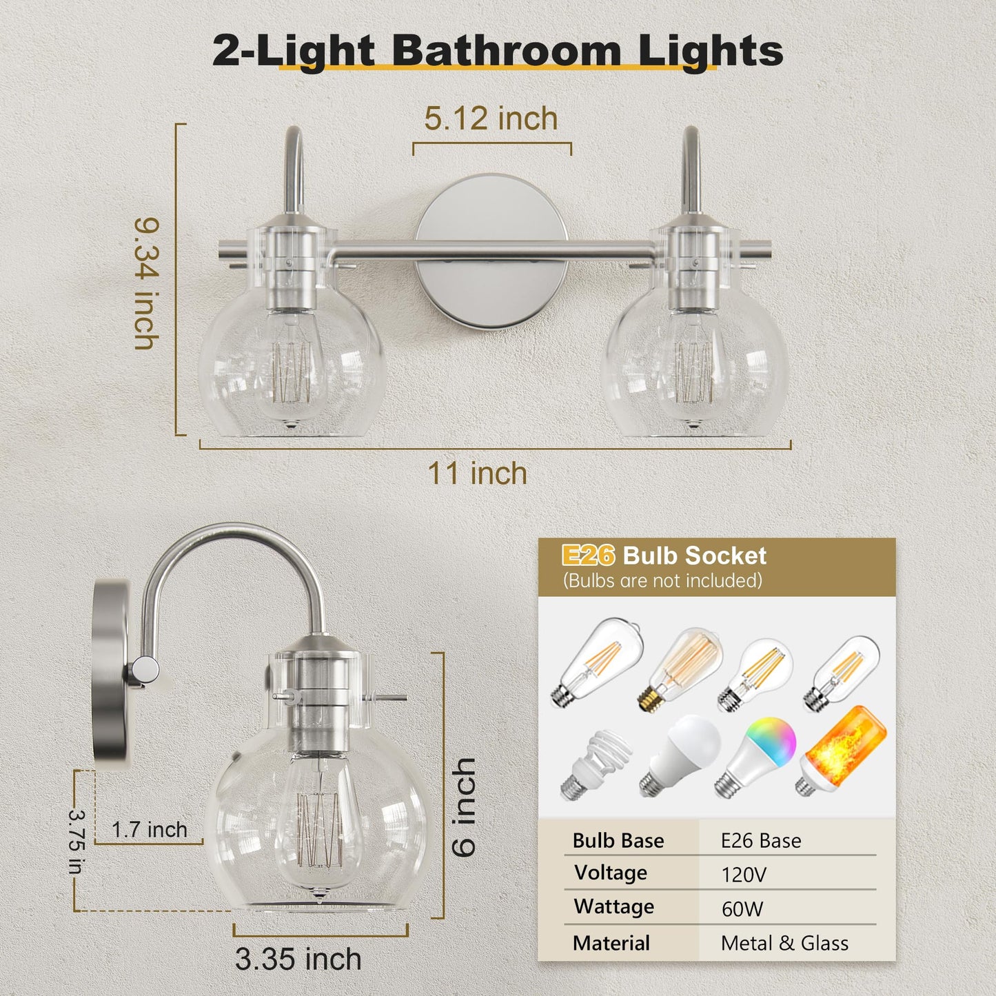 Two Lights Dimension Chart for DECOTU Silver Gourd Glass Shade Vanity Light