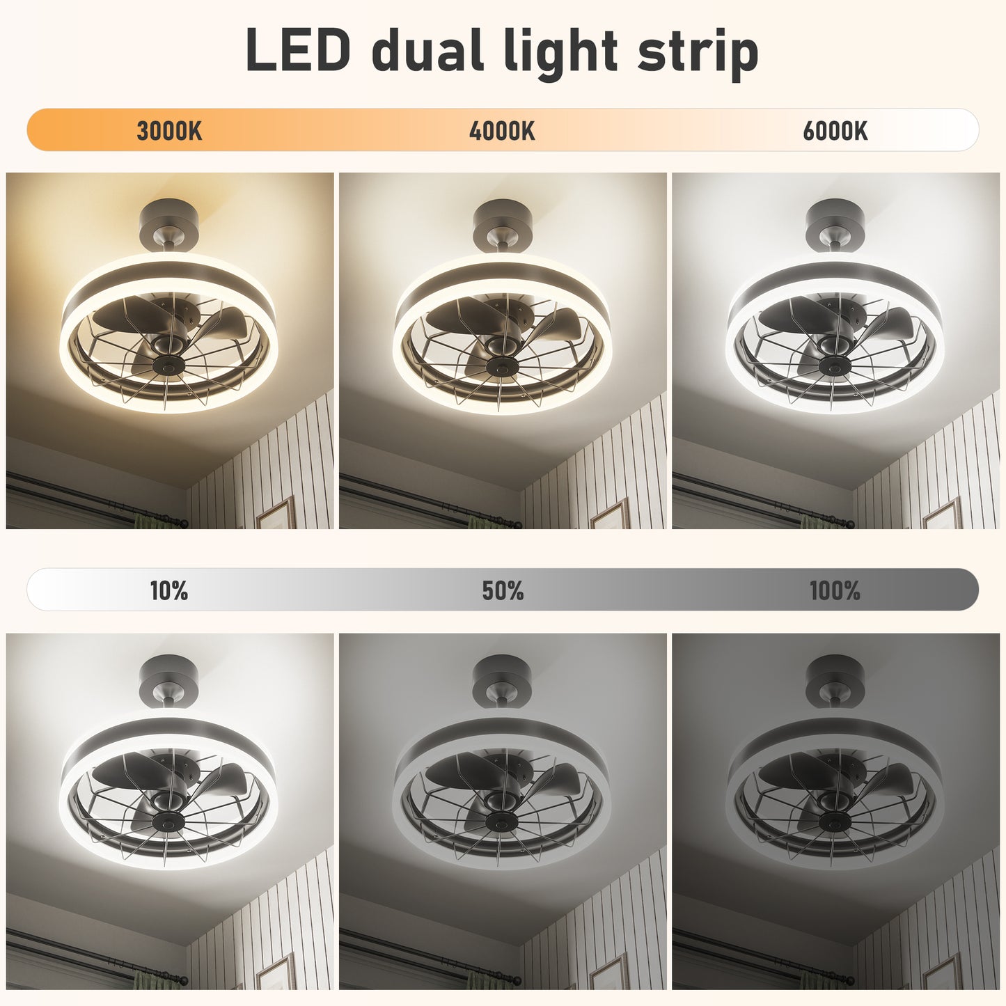 DECOTU 35W Dimmable Light Ceiling Fan - Warm-to-Cool Color Temperature Adjustment (0%-100% Dimming)