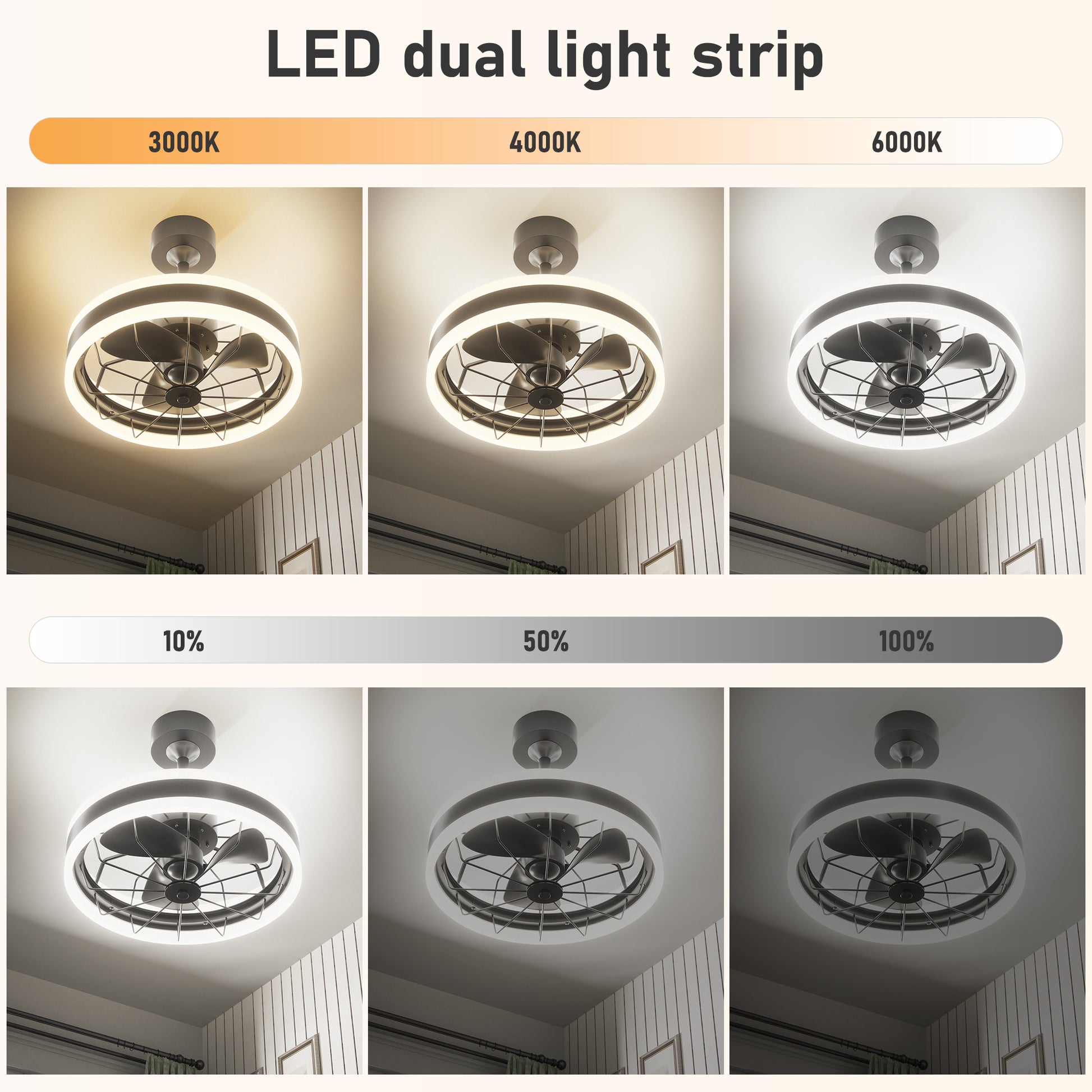 DECOTU 35W Dimmable Light Ceiling Fan - Warm-to-Cool Color Temperature Adjustment (0%-100% Dimming)