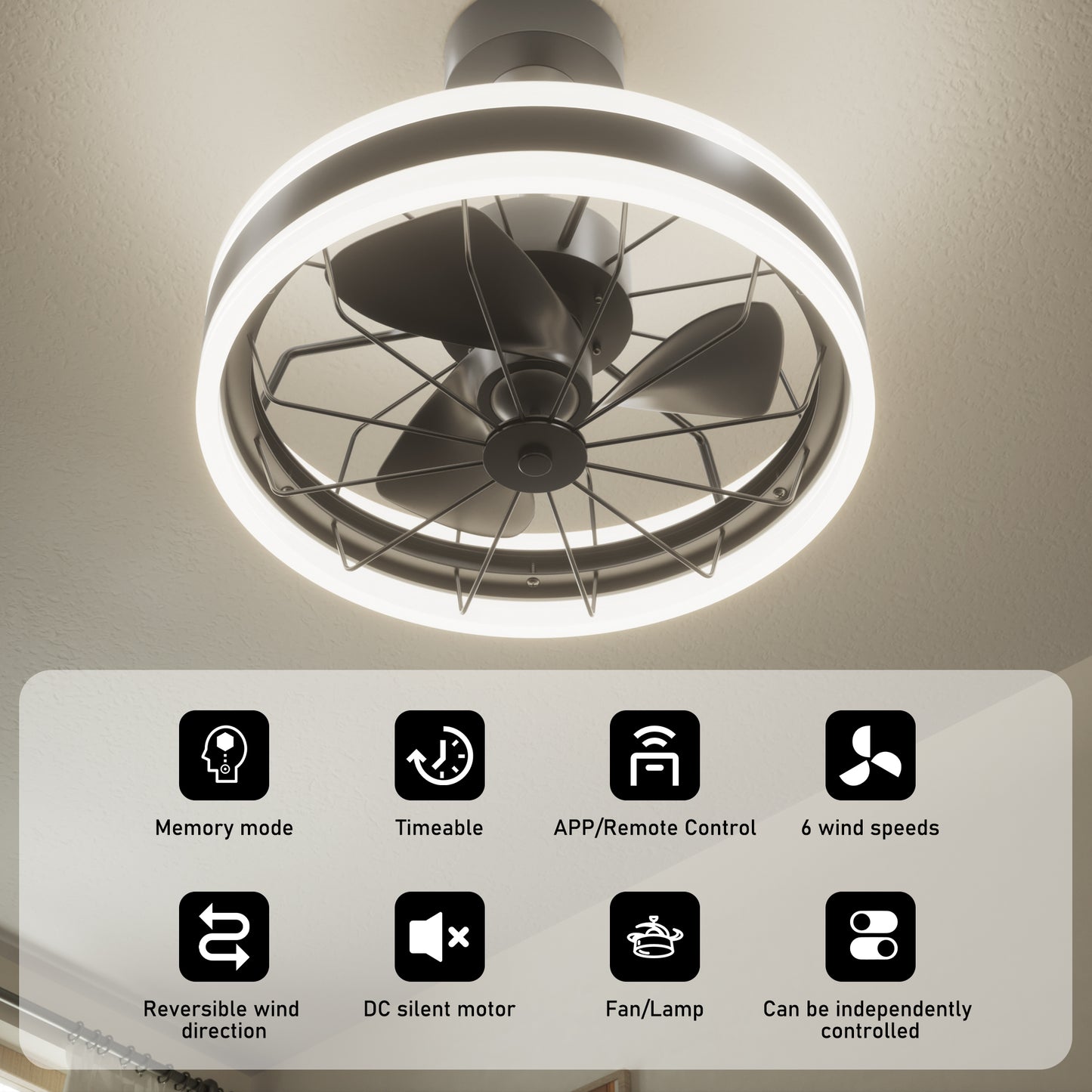 DECOTU 35W Dimmable Light Ceiling Fan - Highlighting 6 Speeds, DC Silent Motor, Timer & Memory Function