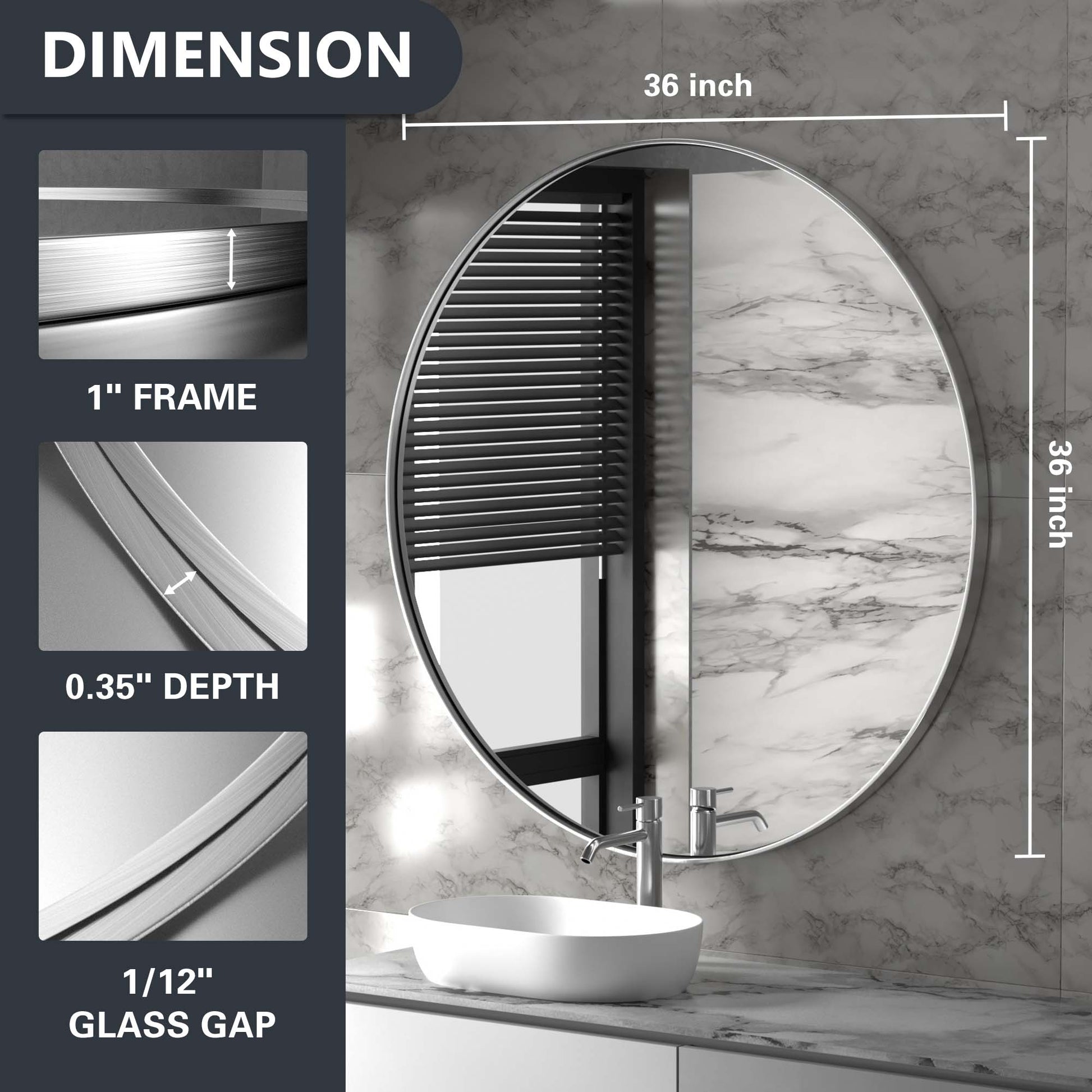 36×36 Inch Dimension Chart for DECOTU Silver Round Wall Mirror, Stainless Steel Frame with Anti-Corrosion & Moisture