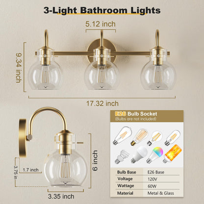Three  Lights Dimension Chart for DECOTU Gold Gourd Glass Shade Vanity Light 
