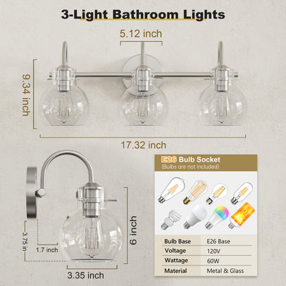 Three Lights Dimension Chart for DECOTU Silver Gourd Glass Shade Vanity Light 