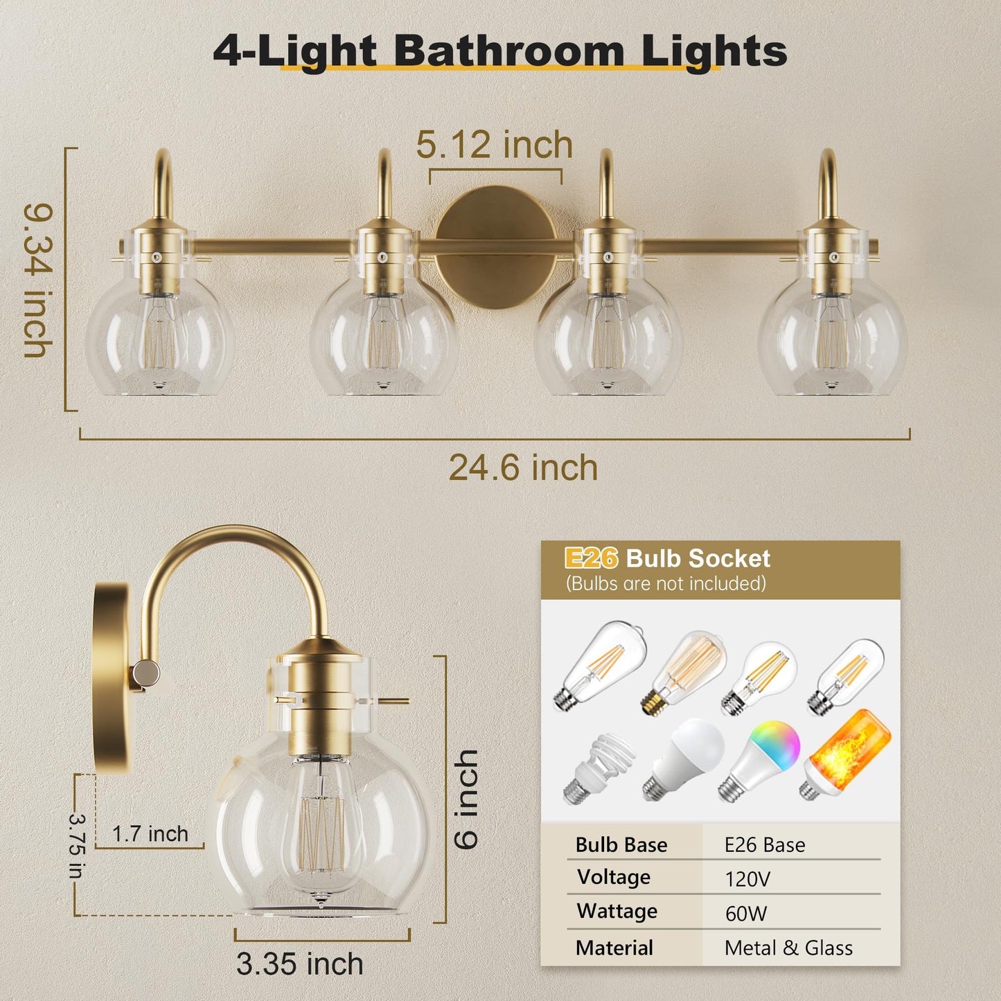 Four Lights Dimension Chart for DECOTU Gold Gourd Glass Shade Vanity Light