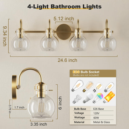 Four Lights Dimension Chart for DECOTU Gold Gourd Glass Shade Vanity Light