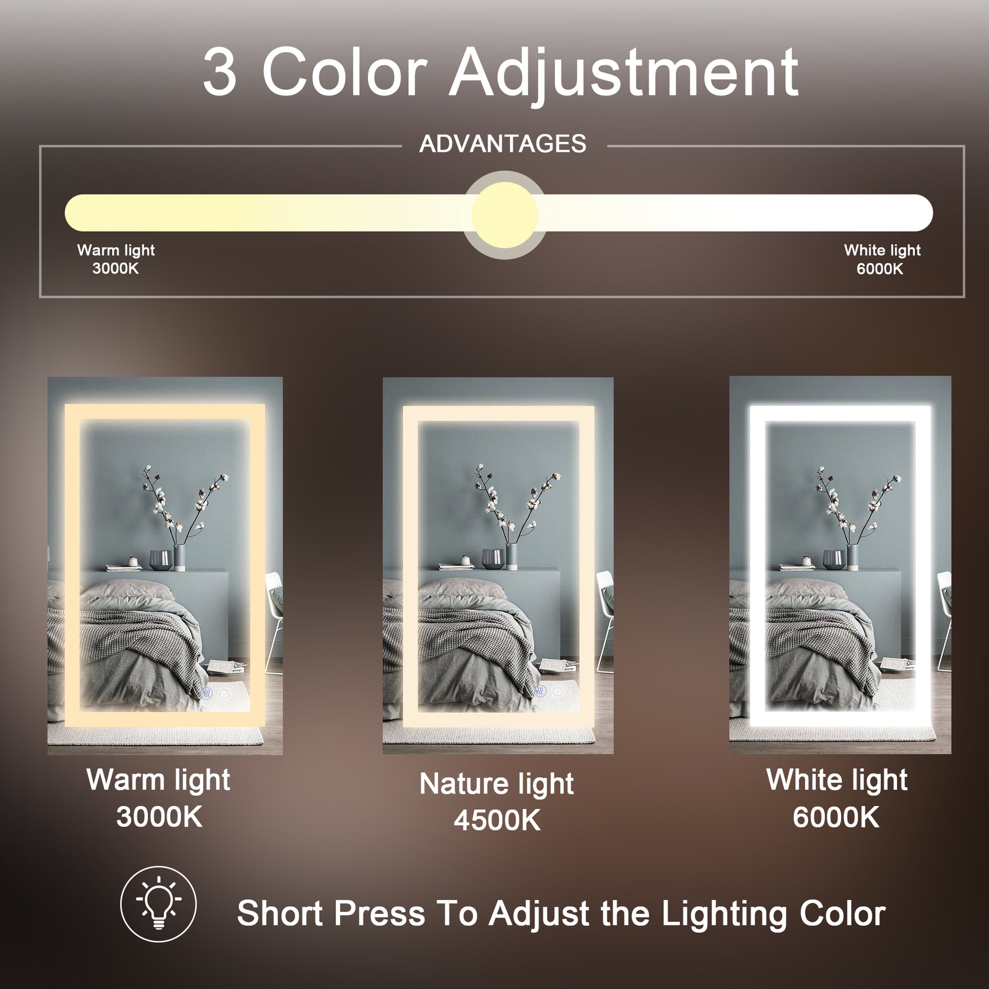 Adjustable_Color of DECOTU Aluminum Frame LED Vanity Mirror with Scratch-Resistant Surface & Bright Illumination for Bathroom