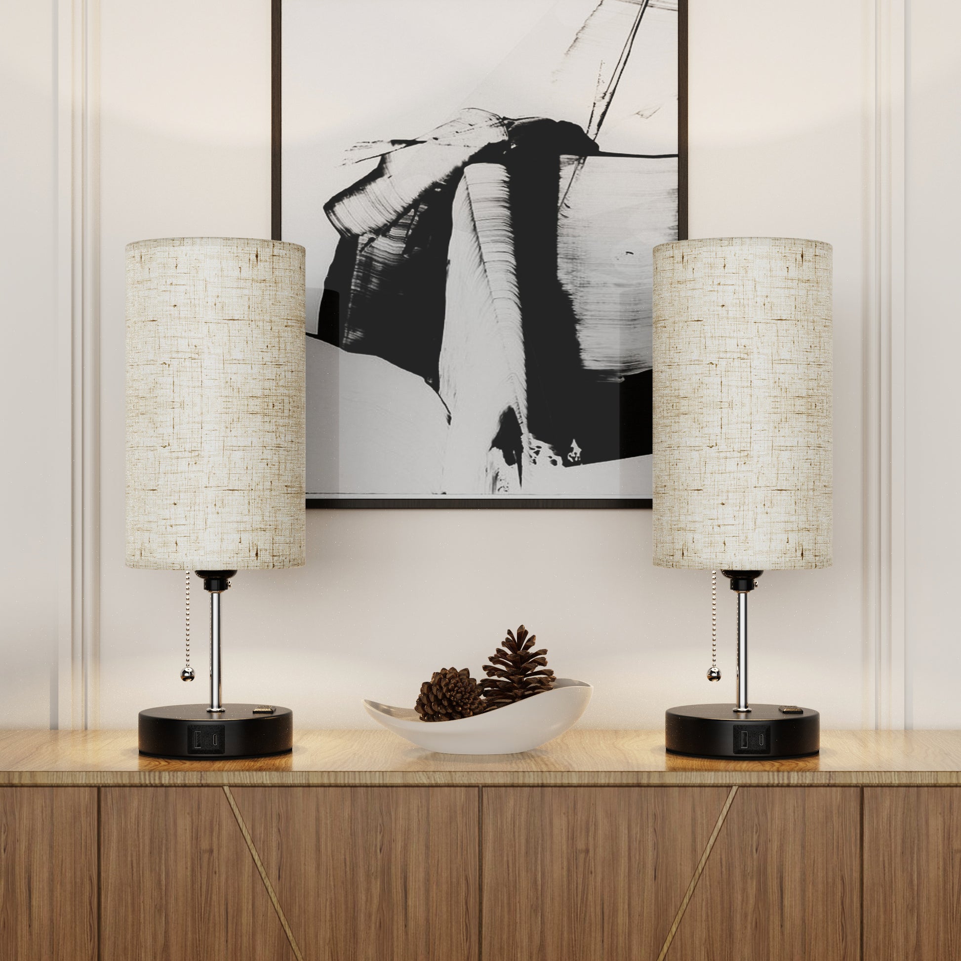 DECOTU Beige Modern Zipper Linen Cylinder Table Lamp - Features USB Charging Ports, 3-Tone Lighting, Ideal for Bedroom Living Room