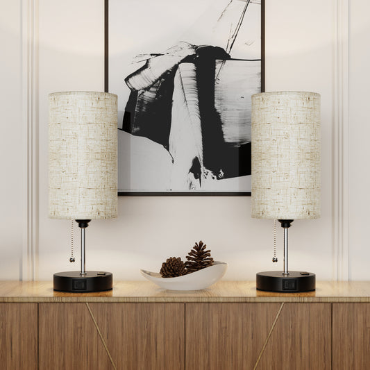 DECOTU Beige Modern Zipper Linen Cylinder Table Lamp - Features USB Charging Ports, 3-Tone Lighting, Ideal for Bedroom Living Room