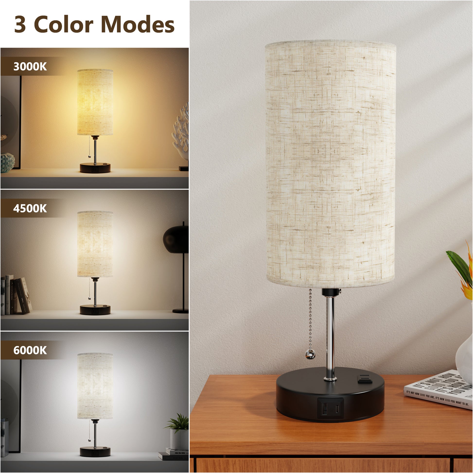 Color Modes of DECOTU Beige Modern Zipper Linen Cylinder Table Lamp - Features USB Charging Ports, 3-Tone Lighting, Ideal for Bedroom Living Room
