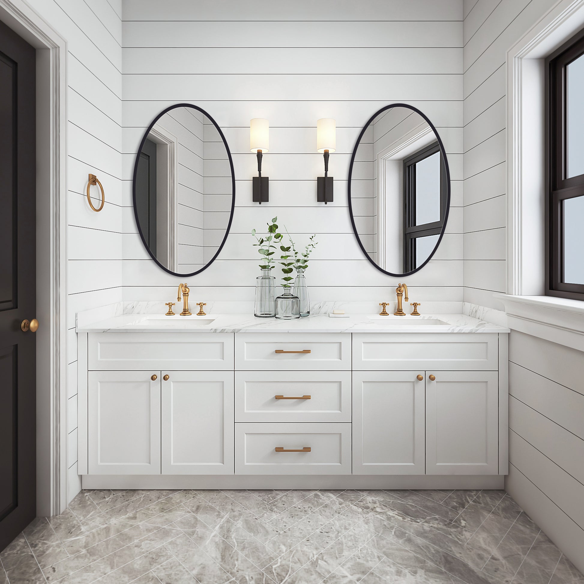 DECOTU Black Iron Frame Oval Wall Mirror, Wall-Mounted Setup in Bathroom Space