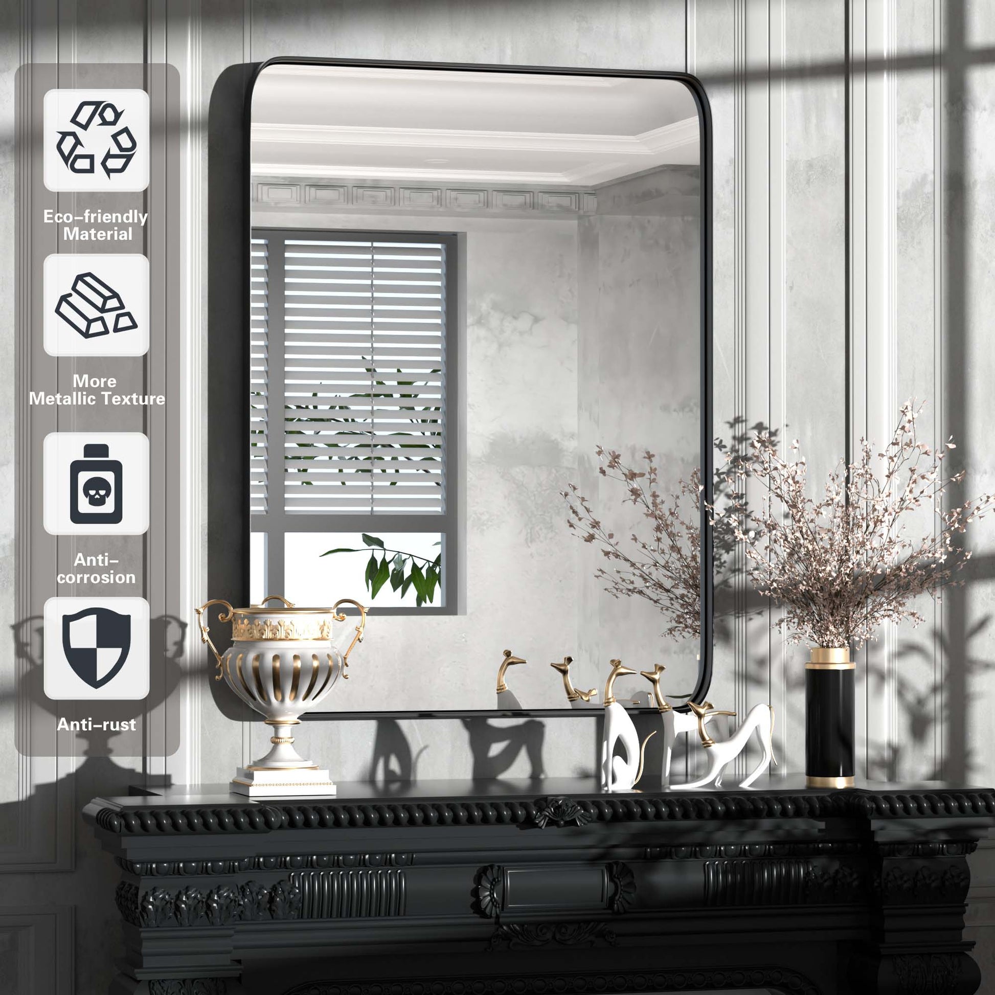 Core Features of DECOTU Black Rectangular Wall Mirror, Anti-Corrosion Iron Frame & Sturdy Build
