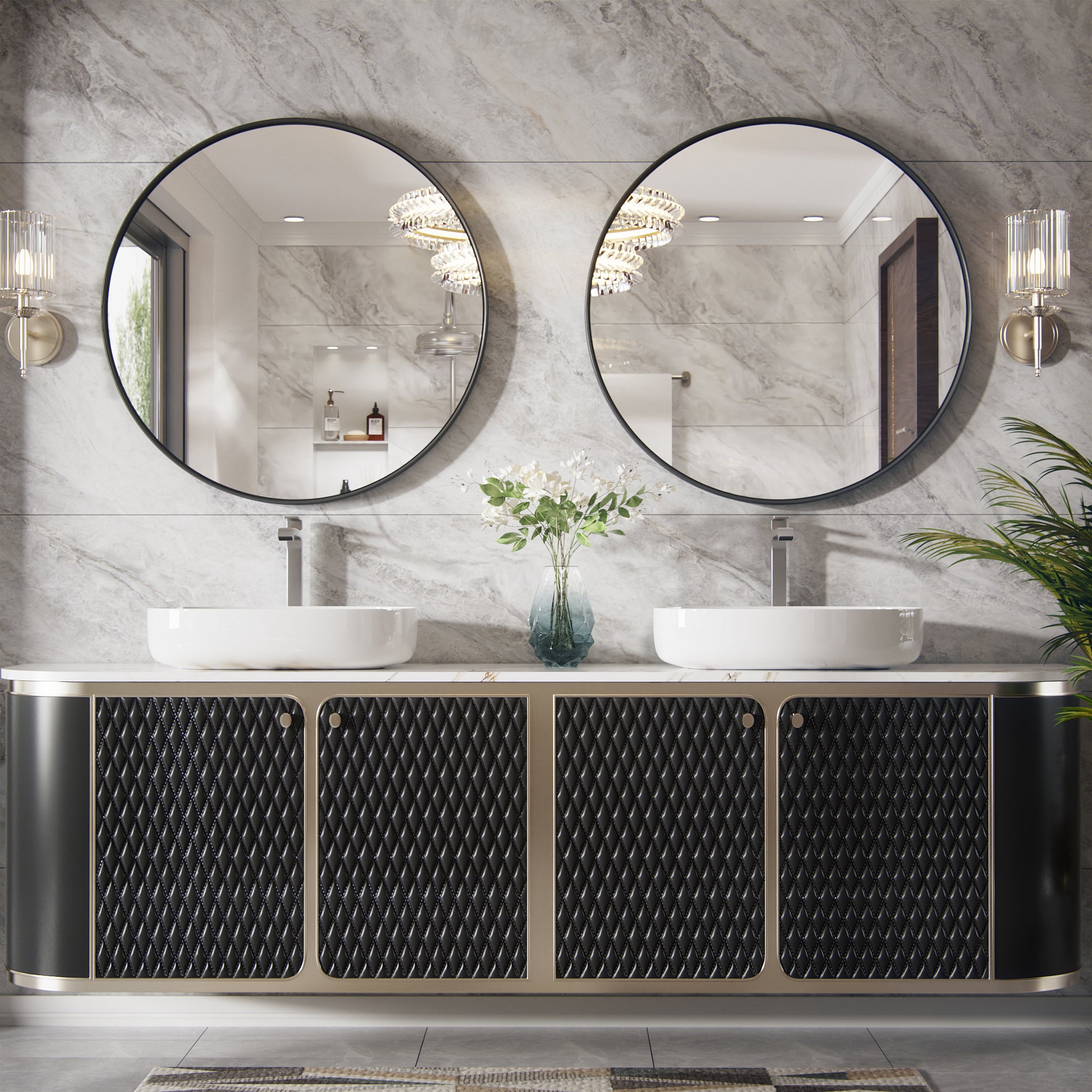 DECOTU Black Iron Frame Round Wall Mirror, Wall-Mounted Setup in Bathroom Space