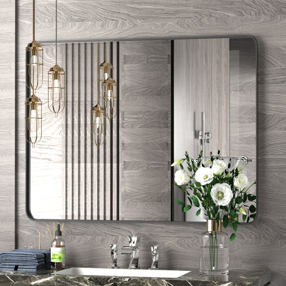 DECOTU Black Iron Rectangular Wall Mirror, Wall-Mounted Setup in Bathroom Space